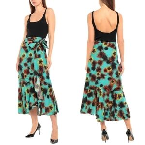 New KENZO Ruffled Printed Crepe De Chine Jade Midi Wrap Skirt NWT 34 FR/2 US/ XS